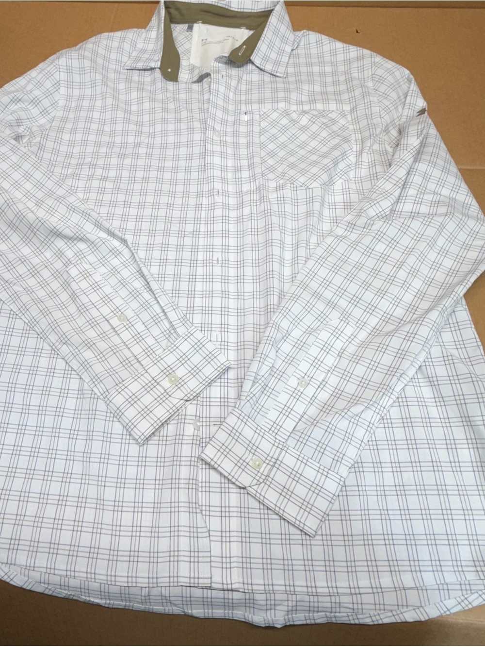Men's Under Armour White Plaid Long-Sleeve Shirt with Olive Contrast Collar